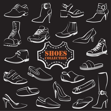 collection of various men's and women's shoes on black background