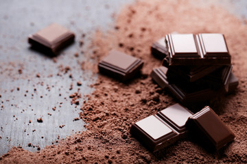 Chocolate pieces with cocoa powder on wooden table