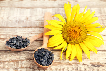 Sunflower seeds in spoons on wooden table