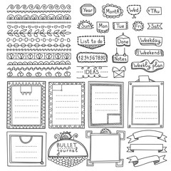 Set of cute hand drawn bullet journal’s elements isolated on white background for your design.