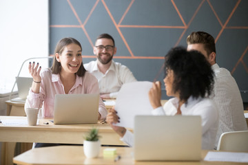Excited colleagues cannot believe good report results or financial breakthrough on market, black...