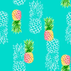 Wall murals Pineapple Pineapple print on a blue background