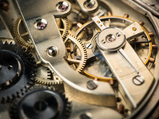 Detail view of the clockwork of an old pocket watch