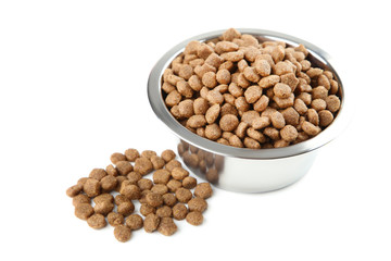 Dry cat food in bowl isolated on white background