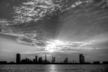 Bahrain skyline during sunset, a monochrome image