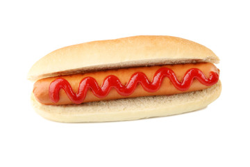 Hot dog with ketchup isolated on white background