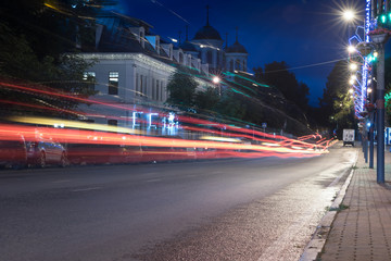 city road night scene, night car light trails. Zvenigorod, Moscow, Russia