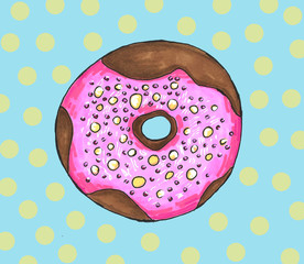 Hand drawn color bakery donut with abstract background dot pink