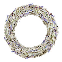 Wreath from dried branches and lavender on white background