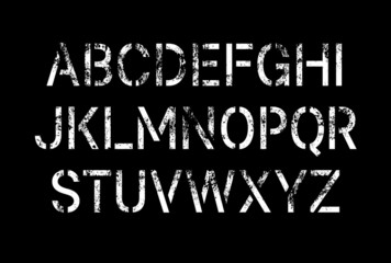 Stencil pattern latin typeface, editable font with uppercase, numbers, punctuation and currency (dollar, euro, yen, pound, bitcoin) symbol glyphs with grunge texture
