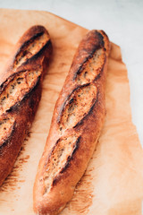 French baguette closeup. Toned image. Copy space.
