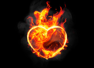 burning heart shape with blazing flame on black background - obrazy, fototapety, plakaty