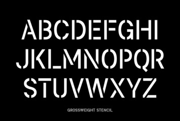 Stencil pattern latin typeface, editable font with uppercase, numbers, punctuation and currency (dollar, euro, yen, pound, bitcoin) symbol glyphs with grunge texture
