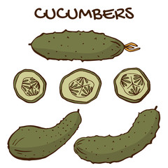 Set of cucumbers in comic style; vector EPS8