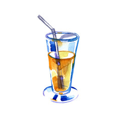 Hand drawn abstract artistic cooking illustration of tropical lemonade shake drink in glass jar isolated on white background. Diet detox concept.