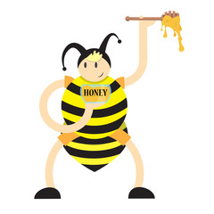 a boy in a bee costume holds a plate and a wand with honey,vector image, flat design