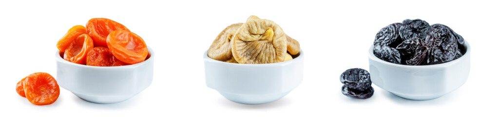 Trio of dried fruits isolated