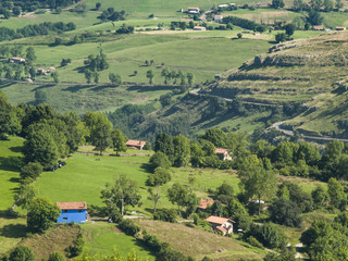 Naklejka premium Valle de Cantabria con diferentes tonalidades de verdes, campos y árboles
