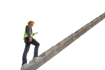 Asian business man construction engineer hold blueprint paper walking up stairway isolated on white background with clipping path, career growth success concept