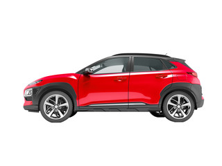 Modern red car crossover side view 3d render on white background no shadow