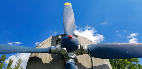 blades of vintage airplane propeller. closeup wide shot view from the bottom