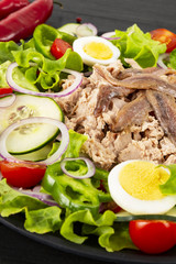 Salad with tuna and vegetables. Mediterranean food. Top view.Vertical shot.