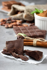 Cocoa and chocolate on gray stone background.