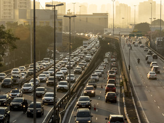 Sao Paulo, SP, Brazil, June 26, 2018. Heavy traffic on the East-West connection, Radial Leste Avenue, at morning day, in downtown Sao Paulo.