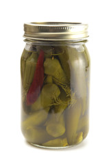 Spicy Pickled Okra on a White Background in a Home Canning Jar