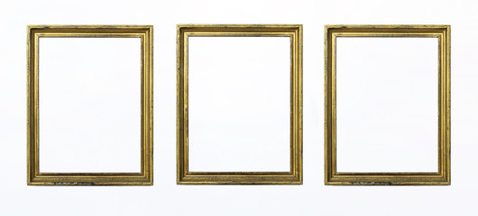 Three gold rectangular frames for painting or picture on white background. Isolated. Add your text.