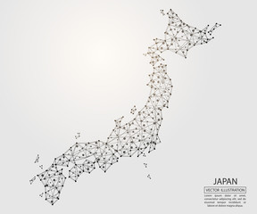 A map of Japan consisting of 3D triangles, lines, points, and connections. Vector illustration of the EPS 10.