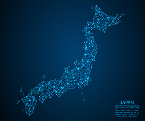 A map of Japan consisting of 3D triangles, lines, points, and connections. Vector illustration of the EPS 10.