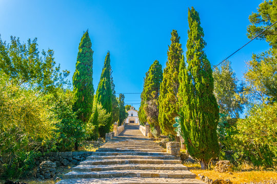 365 steps of Carrer del Calvari stairway leading to the El Calvari chapel at Pollenca, Mallorca, Spain