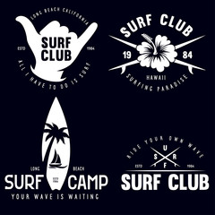 Set of Vintage Surfing Graphics and Emblems for web design or print. Surfer logo templates. Surf Badge. Summer fun. Surfboard elements. Outdoors activity - boarding on waves.
