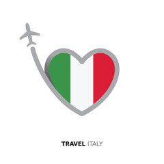 Italy travel concept. Heart shape flag with airplane