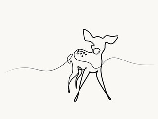 Continuous line drawing. Funny Roe Deer Fawn cub baby. Vector illustration. Concept for logo, card, banner, poster flyer