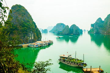 View point Ha Long Bay, limestone mountains, with cruise ships in the water, Vietnam