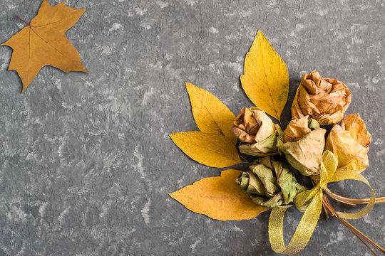 Bouquet of roses made from autumn maple leaves