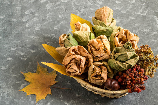 Bouquet of roses made from autumn maple leaves