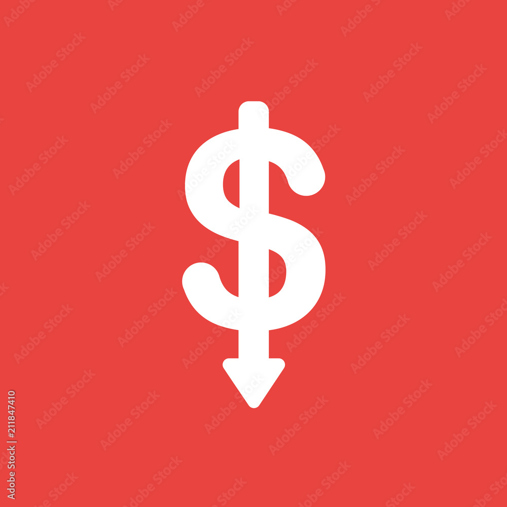 Aufkleber vector icon concept of dollar symbol with arrow moving down on red background