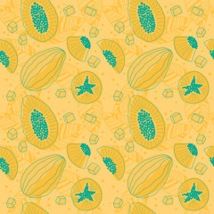 Sweet yellow and turquoise color exotic papaya half and slices abstract repeating pattern in Scandinavian style on a yellow background