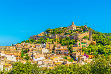 Aerial view of Capdepera castle and Capdepera town, Mallorca, Spain