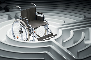Wheelchair at center of a maze. 3D rendering