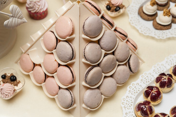Macaroons on a prop/Candy bar display with pink and violet macarons cookies set on a special pyramid support and lots of other cupcakes and biscuits around.
