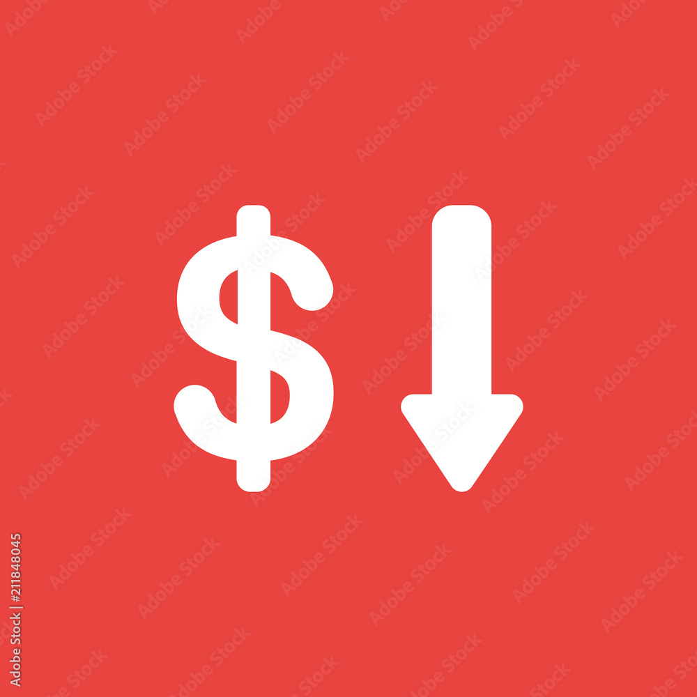 Poster vector icon concept of dollar symbol with arrow moving down on red background