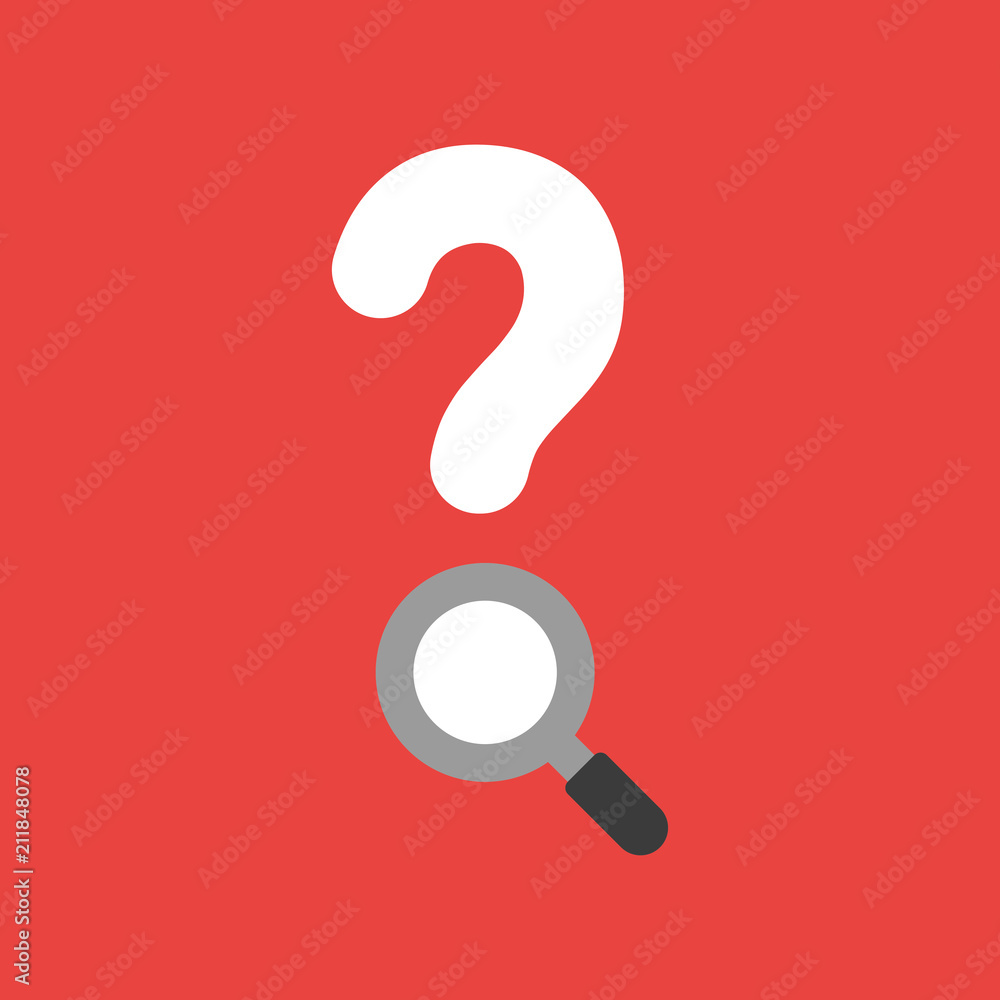Poster vector icon concept of question mark with magnifying glass on red background