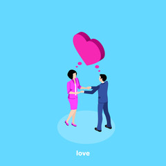 a man and a woman in business suits hold hands and above them is a big heart, an isometric image