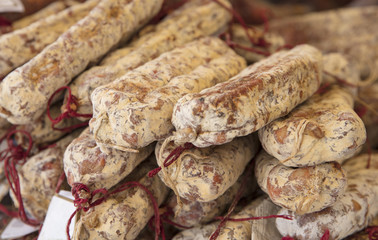 Homemade sausage on street market.