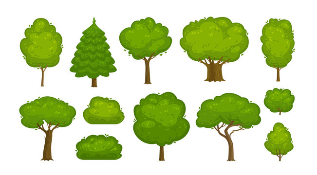 Trees and bushes set of icons. Forest, nature, environment concept. Cartoon vector illustration