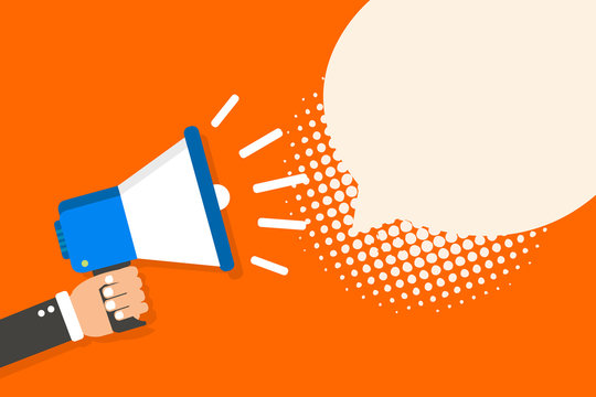Flat design business illustration concept Digital marketing business megaphone for website and promotion banners. Cartoon human hand holding empty social media copy space text.